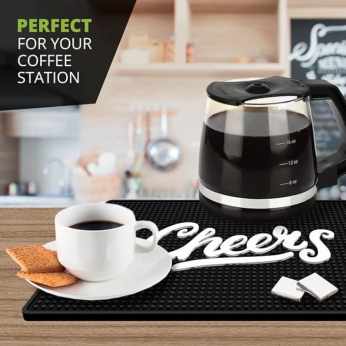 Premium Cheers Bar Mat for Home Bar - Large 18"x12" Rubber Bar Mats for Countertop - Non-Slip Bartender Mat - Drink Spill Mat for Bar Cart - Black Barmat for Cocktail Service