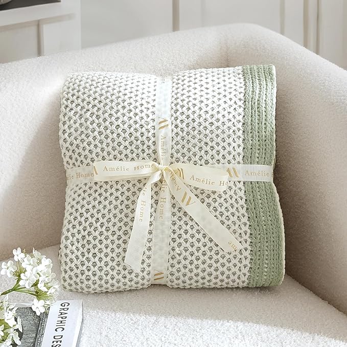 Amélie Home Honeycomb Knit Throw Blanket for Couch, Dual-Sided Soft Chenille Decorative Blankets for Sofa & Chair, 50"x60", Sage Green & White
