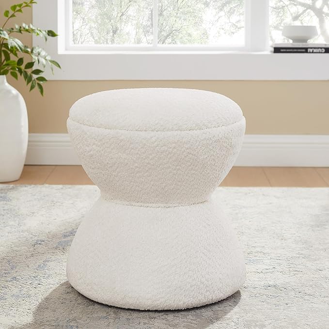Multi-Functional Boucle Ottoman, Vanity Stool Chair, Sturdy Wooden Footstool, Suitable for Living Room, Bedroom, and Entryway, Without Installation, White