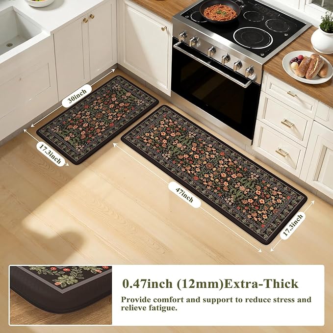 Collive Anti Fatigue Mat for Kitchen Floor, Waterproof Cushioned Sink Mats Non Slip Floral Kitchen Rugs Set of 2, Black Comfort Modern Standing Rug for Office, Laundry, Desk, 17"x30"+17"x47"