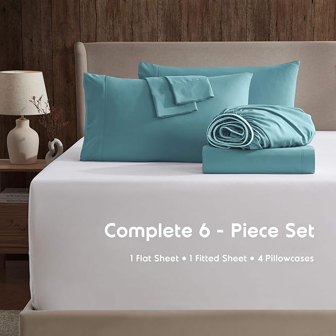 Nestl Extra Deep King Sheet Set - 6 Piece Breathable & Cooling Sheets - Hotel Luxury Bedding Set w/18-24 Inch Deep Pockets - Easy & Secure Fit - Super Soft, Wrinkle Free & Comfy - Teal