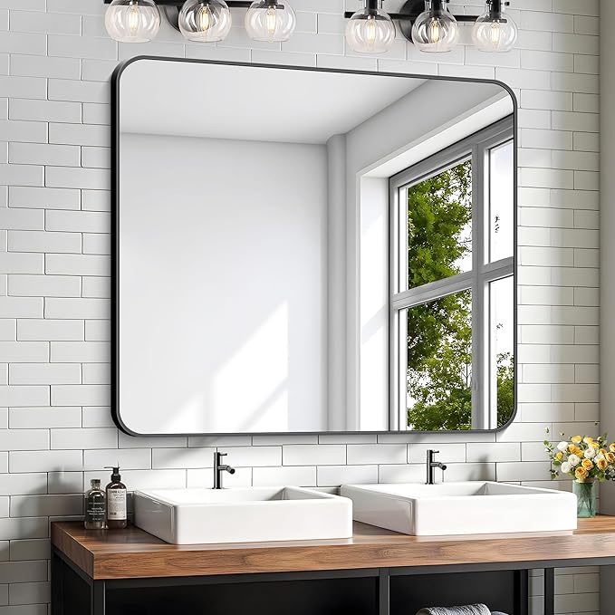 KOCUUY Bathroom Mirror 36"x40", Black Rectangle Mirrors for Wall, Large Metal Framed Vanity Mirror with Rounded Corner for Bedroom Living Room and Entryways Hangs Horizontal/Vertical