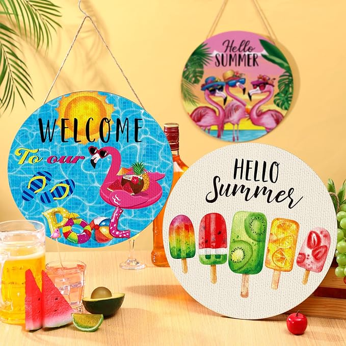 Blosssound 3 Pcs Door Decorations Front Hanging Door Sign Hanging Ornament Wooden Wall Sign Hanger for Celebrations Farmhouse Home Living Room Party Supplies(Summer)