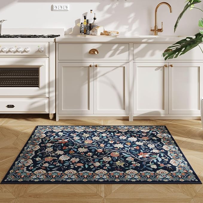 Rugcomf 2'x3' Entryway Rug - Paisley Pattern, Door Mat Indoor Entrance, Floral Vintage, Machine Washable, Non-Slip Low Pile Area Rug for Kitchen, Front Door, Kids Room - Blue