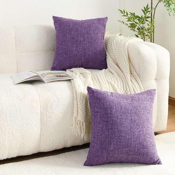 JIUZHEN 18x18 Inch Lavender Faux Linen Pillow Covers Set of 2, Boho Chic Decorative Cushion Covers for Sofa Nursery, Zippered Washable Pillow Case