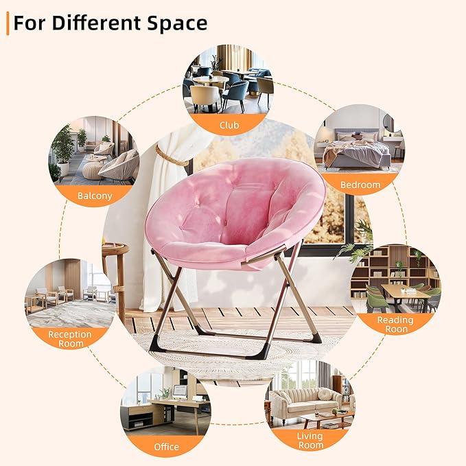 Comfy Saucer Chairs, Pink Folding Reading Lounge Chair, Cozy Faux Fur Living Room Chair with Soft Thick Padded Seat & Metal Frame, Modern Style Bedroom Home for Kids Adults, X-Large, Gold Legs
