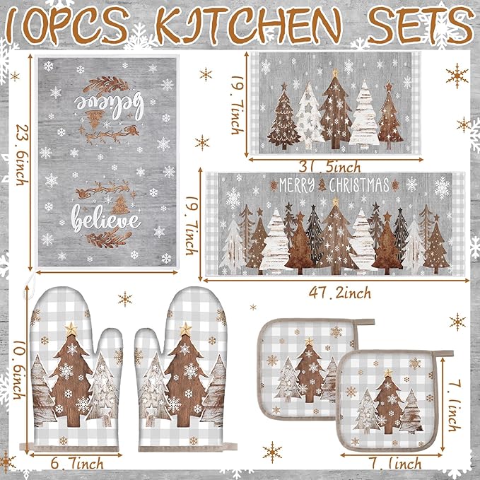 10 Pcs Christmas Kitchen Decor Set Kitchen Towels and Rugs Oven Mitts Pot Holders Absorbent Towels for Baking Cooking BBQ Gifts Home Decor(White and Gray,Original Wood)