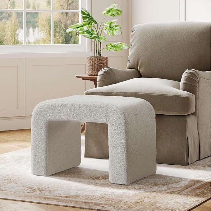 Tribesigns Vanity Stool Chair, Modern Boucle Ottoman Foot Rest for Couch, Large Foot Stool Ottoman, Extra Seating for Living Room, Arched Makeup Stool for Vanity, Fully Assembled, Light Gray, 2 Packs