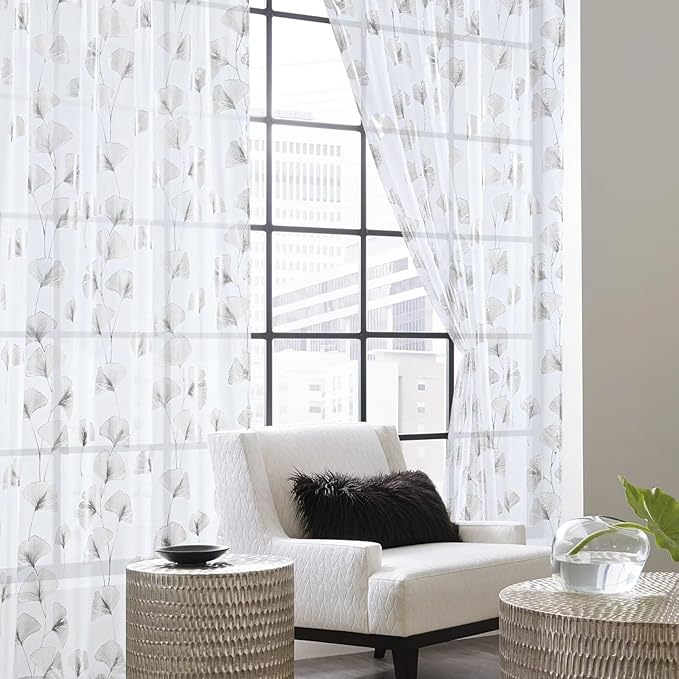 Silver Foil Print Sheer Curtains 96 inches Long, 2 Panels Ginkgo Bronzing Treatment Sheer Curtain, Rod Pocket Window Treatment Panels for Bedroom Living Room