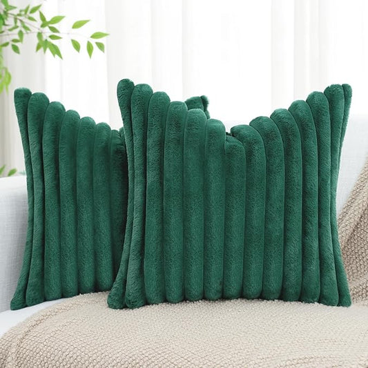 decorUhome Faux Fur Christmas Throw Pillow Covers 20x20 Set of 2, Decorative Soft Plush Striped Neutral Couch Euro Pillow Covers with Velvet Back for Sofa, Bed, Living Room Home Decor, Christmas Green