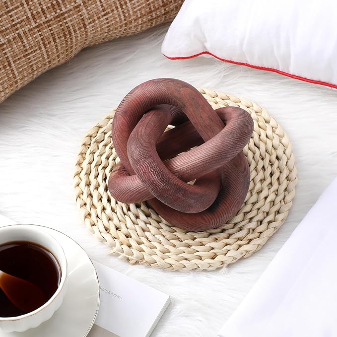 3 Link Wood Knot Decor - Hand Carved Coffee Table Decoration, Boho Chain Link Decor, Modern Shelf, Rustic Objects for Home Living Room Bedroom(Brown)
