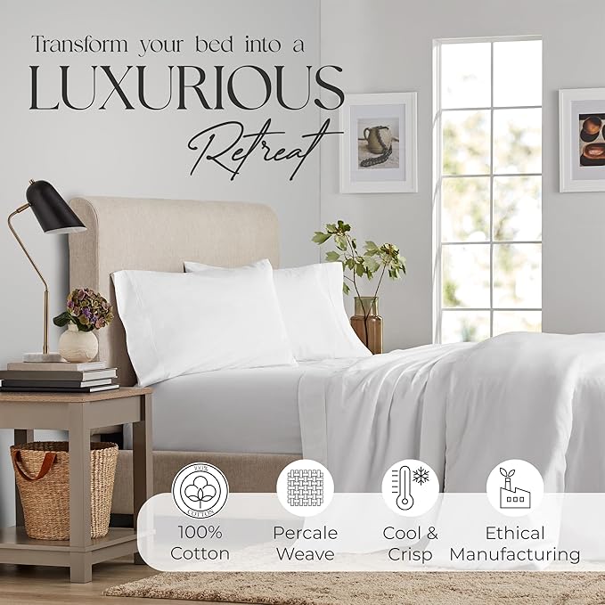 SUPREME ELEGANCE Twin Sheets Set – Natural 100% Cotton Percale Twin Bed Sheets, Oeko-tex Made in Green Sustainable, Cooling Crisp Bedding with Deep Pockets, Soft Breathable Hotel Quality, Snow White
