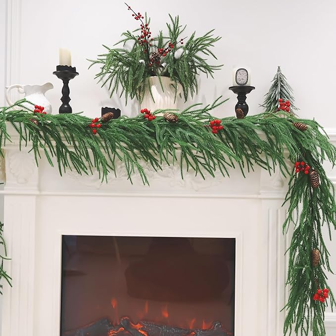 9FT Christmas Garland Real Touch Norfolk Pine Garland Faux Realistic Greenery Garland with Pine Cones and Berries for Mantle Fireplace Stairs Indoor Outdoor Decoration