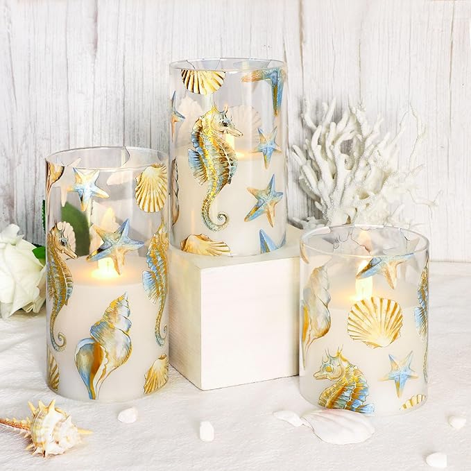 Flameless Candles x3 with Set Remote Christmas Bronzing Glass Golden Seahorse Shell Starfish Ocean Timer 24hrs-Cycled Home Decor Gift Wedding Party Room Table Centerpieces