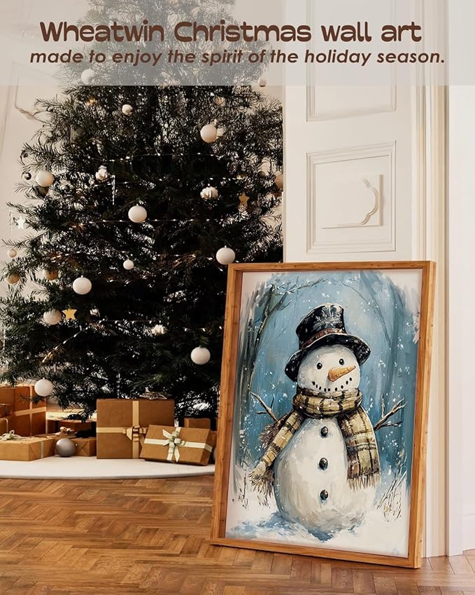 Wheatwin Winter Wonderland Vintage Christmas Wall Art Prints Set of 4, Blue Christmas Tree Snowman Wall Decor, Winter Xmas Decor for Bathroom Home Bedroom Living Room, 12x16 (Unframed)