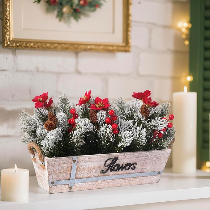 Artificial Christmas Centerpiece with Snowy Norfolk Pine Garland, Poinsettias, Berries & Pine Cones in Rustic Wood Planter – Holiday Table Decoration for Home, Kitchen, Office, or Mantel