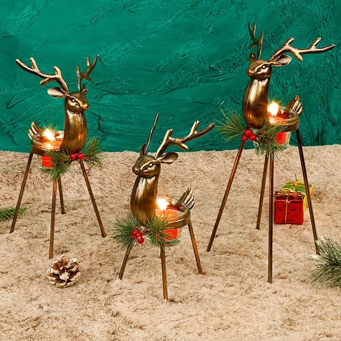 Juegoal Set of 3 Reindeer Tealight Candle Holders, Standing Iron Metal Christmas Decorations, Glass Votive Candle Holder, Durable and Rust-Proof Holiday Tabletop Centerpiece and Display