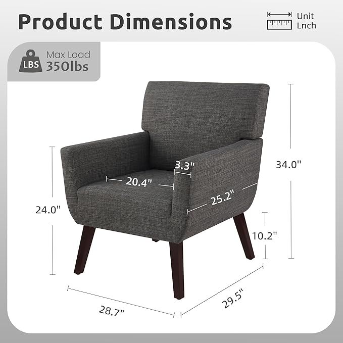 Upholstered Accent Chair,Mid Century Modern Linen Fabric Living Room Chair with Arm,Comfy Wingback Club Armchair for Bedroom Reading Dark Grey