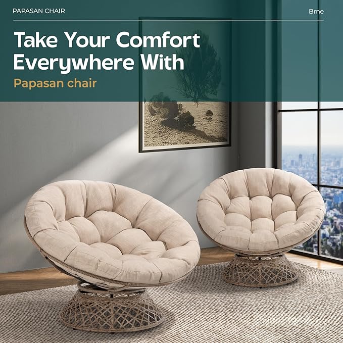 Bme 46" Large Size Ergonomic Wicker Papasan Chair with Soft Thick Density Fabric Cushion, Bee-Designed Base, High Capacity Steel Frame, 360 Degree Swivel for Living, Bedroom,...