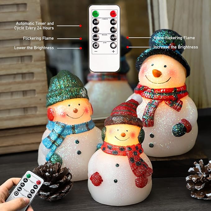 Christmas LED Flameless Candles Snowman Novelty Lighting Battery Operated with Remote Real Wax Flickering Candles Decorative for Holiday Winter Bedroom Snowman Theme Decor Mothers Day Gifts