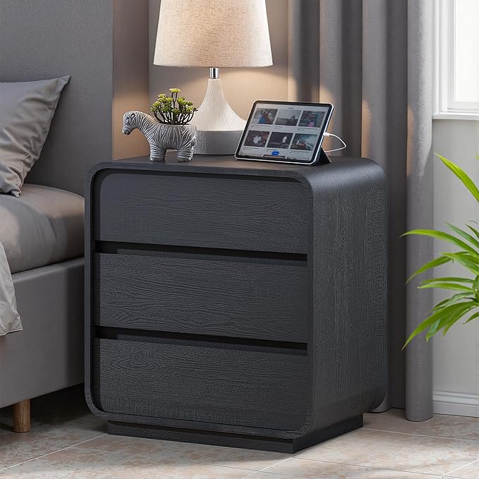 Black Night Stand Set of 2 with Charging Station, 25" Tall Wood Nightstand, Modern Dresser End Table with 3 Storage Drawers, Curved Profile, Mid Century Bedside Table for Bedroom Office