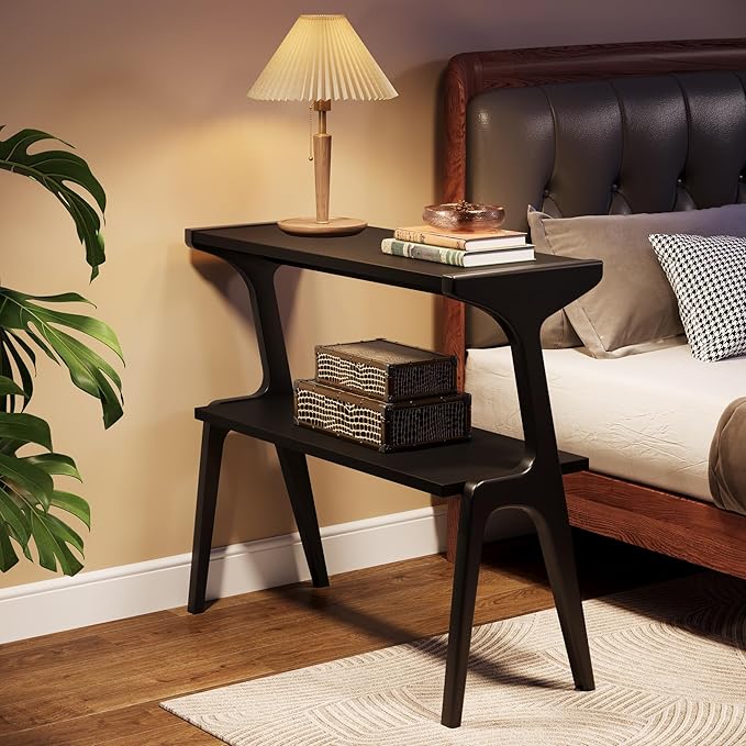 Tribesigns 2-Tier Wood End Table, Modern Narrow Sofa Side Table with Storage, Slim Wooden Bedside Table with Unique Legs for Bedroom, Living Room, Small Spaces, Easy Assembly, Black