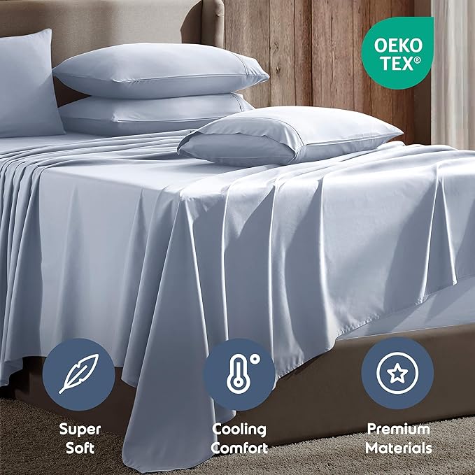 Nestl Extra Deep Split King Sheet Set - 7 Piece Breathable & Cooling Sheets - Hotel Luxury Bedding Set w/18-24 Inch Deep Pockets - Easy & Secure Fit - Super Soft, Wrinkle Free & Comfy - Ice Blue
