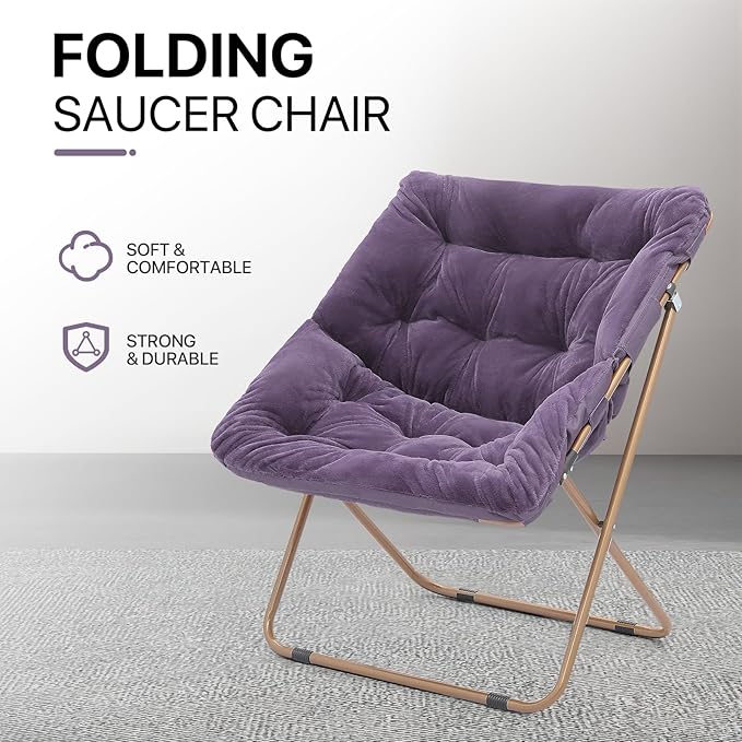 Athena Collection Saucer Chair for Adult, Square Comfy Cozy Chair Folding Chair Faux Fur Metal Frame Foldable Reading Chair Accent Chair for Bed Room Living Room Set of 2, Purple