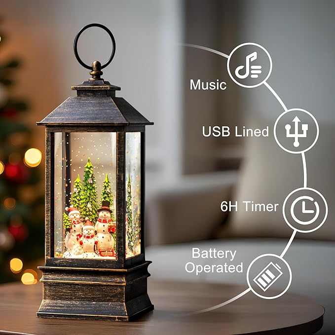 10.4" Christmas Snow Globe Water Lantern with Snowman Family Sledding Scene Battery Operated or USB Powered Musical Lighted Holiday Decoration for Tabletop Display for Family and Friends