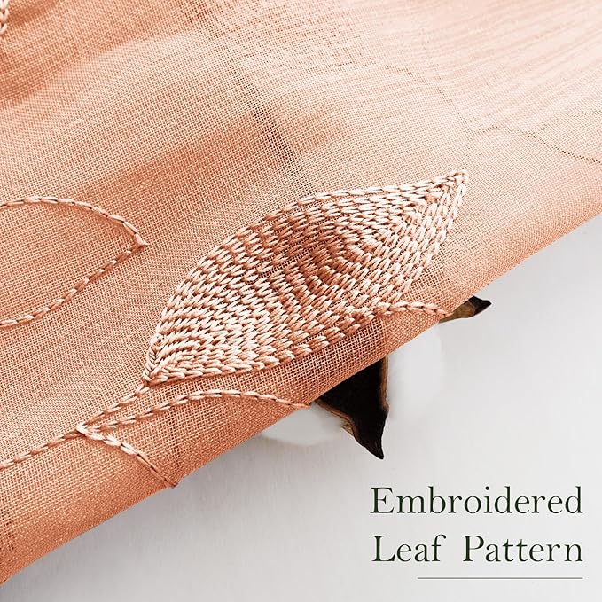 HOMEIDEAS Fall Burnt Orange Sheer Curtains 63 Inches Length 2 Panels Embroidered Floral Pattern Semi Sheer Window Curtains for Bedroom Living Room