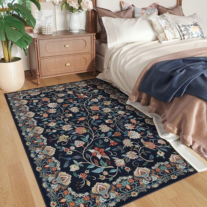 Rugcomf Vintage Paisley Rugs for Bedroom 4'x6' - Machine Washable Area Rug, Non-Slip Low Pile Floral Carpet for Girl/Boys Room, Living Room, Kids, Entry - Blue