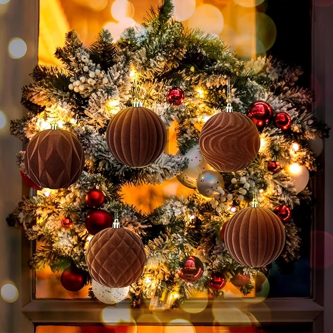 4 Pcs 4 Inch Large Velvet Christmas Ball Ornaments Vintage Christmas Plastic Ball Ornaments Flocked Tree Hanging Decoration for Xmas Party Wedding Home Decor(Brown)
