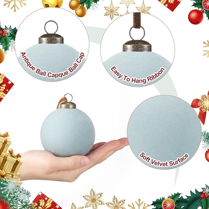36 Pcs Velvet Christmas Balls Bulk - Flocked Christmas Tree Ball Ornaments Hanging Decoration for Xmas Tree, Wreath, Home or Party Decorations, 2.36", 2.76", 3.15"(Gray Blue)