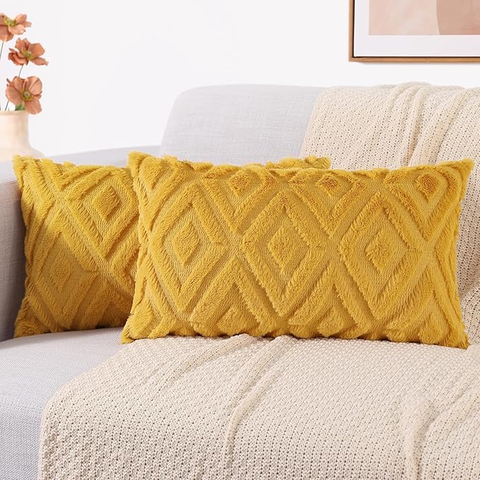 decorUhome Couch Throw Pillow Covers 12x20 Set of 2, Decorative Soft Plush Faux Wool Lumbar Neutral Accent Pillow Covers for Bed Sofa Living Room, Mustard Yellow