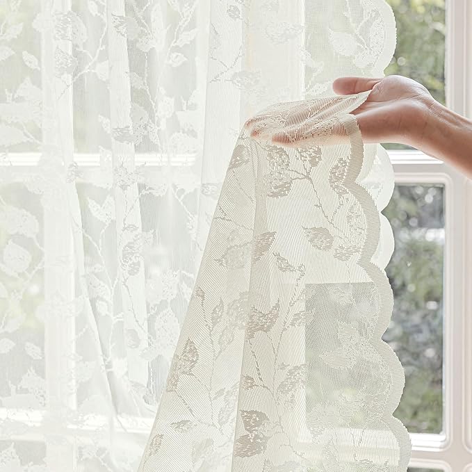 Ivory Lace Sheer Curtains 63 Inch Length – Vintage Leaves Pattern Lace for Living Room/Bedroom, Light Filtering Rod Pocket Drapes, Privacy Chic Window Treatments, 52W x 63L Inch, 2 Panels