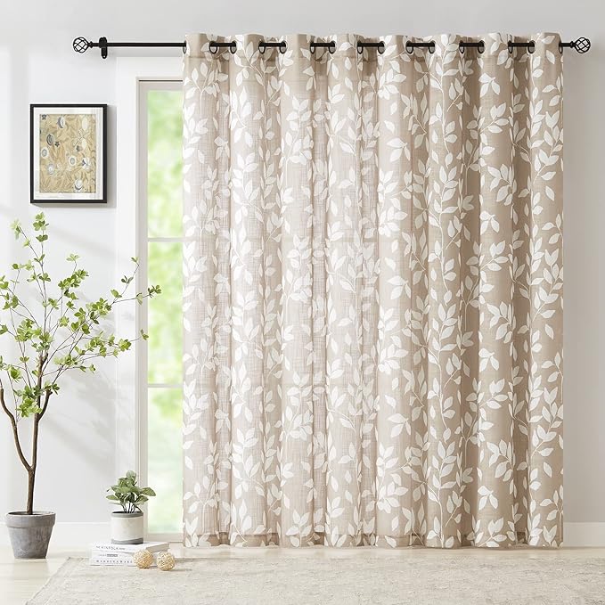 Taupe White Leaf Sheer Curtains for Living Room 84 inch Length Sliding Door Curtains Khaki Print Glass Door Window Draperies Extra Wide Light Filtering Linen Textured Sheer Curtain Panels 100” w 1pcs