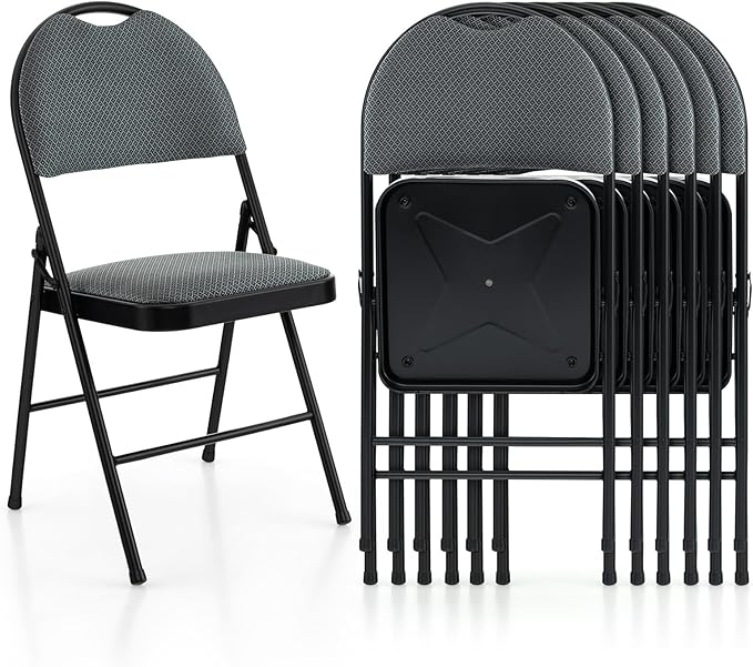 POWERSTONE Folding Chairs Set of 6, Foldable Chair Set with Padded, Handle Hole and Metal Frame Dining Chair Set for Indoor and Outdoor, School, Office and Garden Party (Grey)