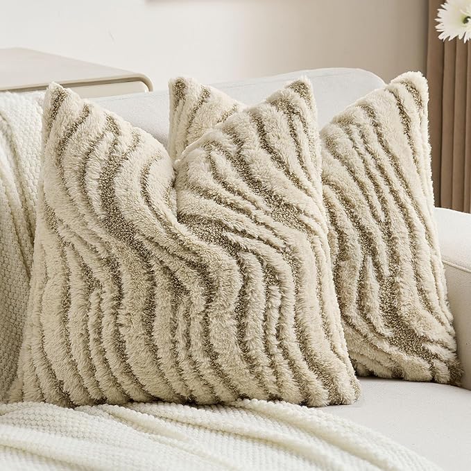 FUTEI Beige Decorative Throw Pillow Covers 26x26 Inch Set of 2,Soft Faux Fur Geometric Shapes Texture Euro Pillow Shams,Boho Home Decor for Couch Bed Living Room