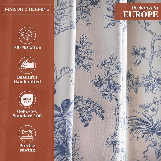 Maison d' Hermine Curtains for Living Room 100% Cotton 84 inch Length One Panel Light Filtering Toile Curtains for Bedroom Windows with Rod and Loop Pockets Drapes (Jouy Paradise Blue, 50" W x 84" L)