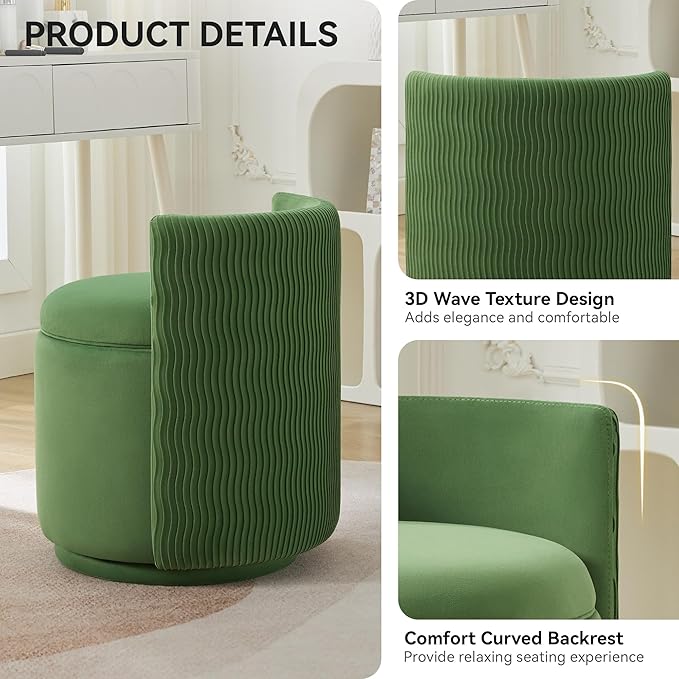 Velvet Vanity Chair with Storage, 360° Swivel Makeup Chair with Wave Back, No Assembly Small Accent Stool for Bedroom, Dressing, Living Room, Green
