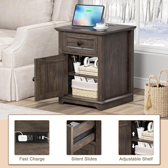 24" End Table with Fast Charging Station, Side Table with Drawer, Adjustable Shelf & Large Storage Cabinet, Vintage Wooden Nightstand for Living Room/Bedroom, Rustic Brown
