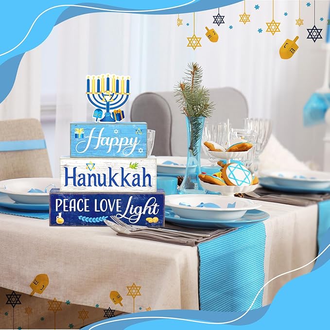 4 Pcs Hanukkah Decorations for Home Chanukah Table Decor Wooden Menorah Decoration Hanukkah Centerpiece Rustic Decorative Menorah Block Signs Gift Farmhouse Jewish New Year Decoration for Home