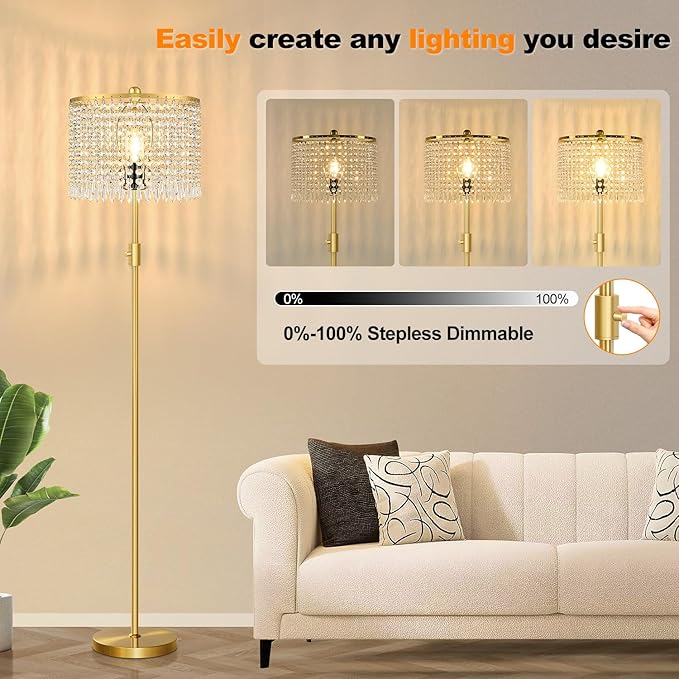 【Upgraded】 Floor Lamps for Living Room, 1000LM LED Bulb Included, Dimmable Standing Lamp with Crystal Lampshade, Tall Gold Pole Light for Bedroom Nursery Office Corner Reading