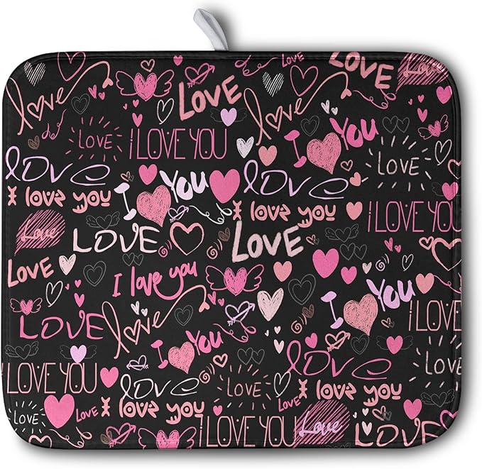 Mother's Day Dish Drying Mat for Kitchen Counter Love Heart Black Drying Mats Absorbent Reversible Microfiber Dish Pad Washable Dish Draining Mat Extra Large 16x18 inch