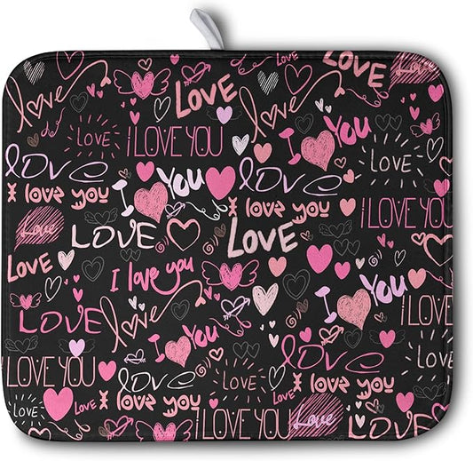 Mother's Day Dish Drying Mat for Kitchen Counter Love Heart Black Drying Mats Absorbent Reversible Microfiber Dish Pad Washable Dish Draining Mat Extra Large 16x18 inch