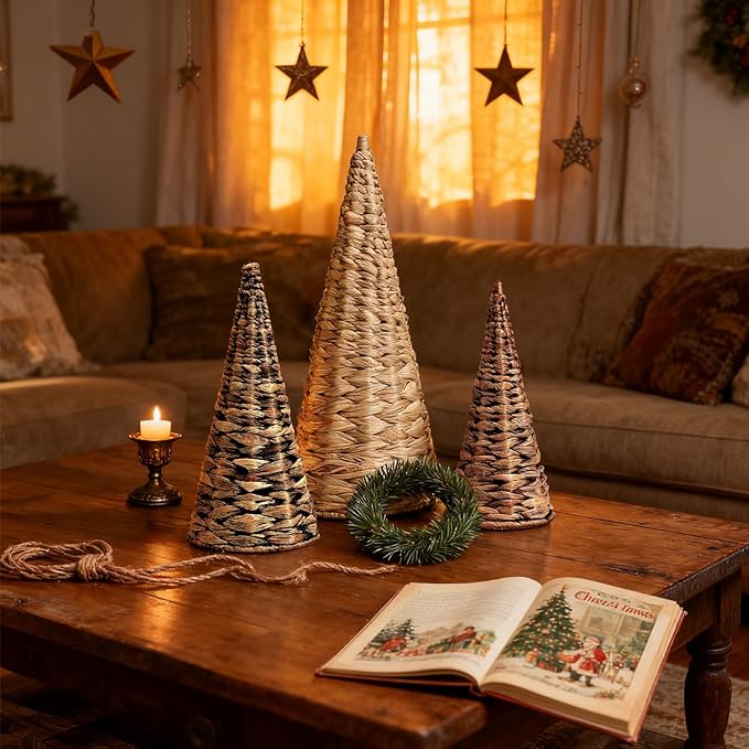 3pcs Woven Water Hyacinth Christmas Trees Decor, Artificial Christmas Tree Decorations for Home Party Table Village Craft Indoor Outdoor Vintage Christmas Decor(Natural+Black+Brown)
