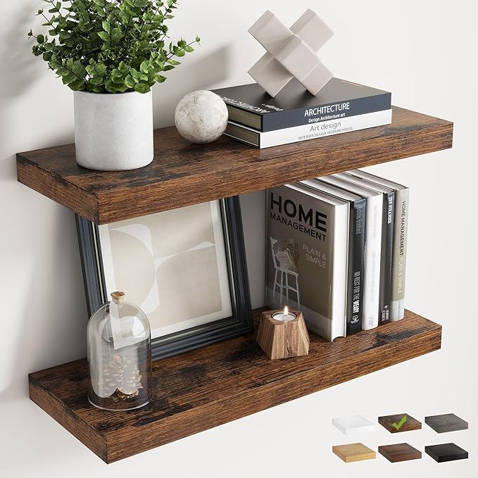 24 Inch Floating Shelves for Wall Set of 2, 8"D Wood Grain Bathroom Shelves with Invisible Brackets, Easy Install Engineered Wood Storage Shelves for Kitchen, Living Room, Bedroom, Rustic Brown Finish