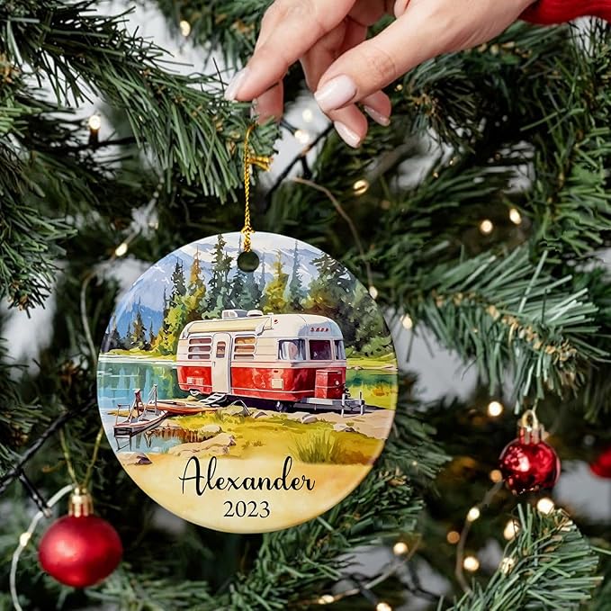 Summer Camping Beach Road Trip Ornament Keepsake Gifts for Friends, Personalized Beach Camper Ornament 2025, Surfing Board Outdoor Chair Camper Christmas Decor, Custom Name Camper Ceramic Ornament