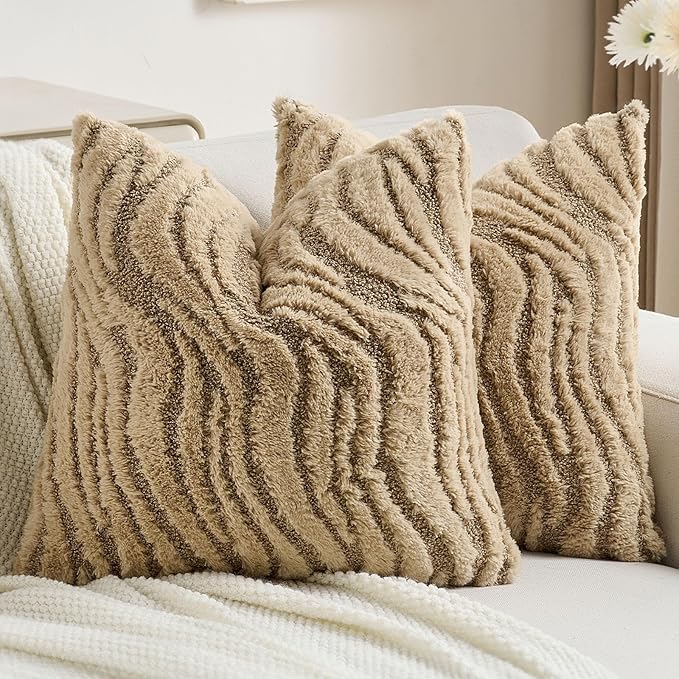 FUTEI Khaki Decorative Throw Pillow Covers 26x26 Inch Set of 2,Soft Faux Fur Geometric Shapes Texture Euro Pillow Shams,Boho Home Decor for Couch Bed Living Room