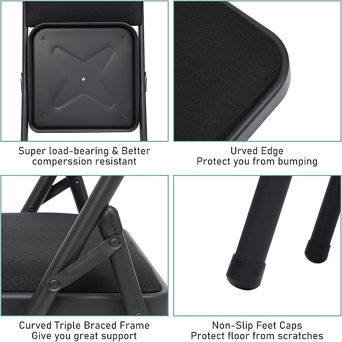 SEALAMB 6 Pack Fabric Folding Chairs with Padded Seats & Cushion, Metal Foldable Chairs for Wedding Party, Commercial Chairs for Office School Church Events, 350lb Capacity (Black-Fabric, 6 Pack)